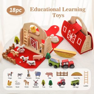 18pcs 18-Piece Wooden Farm Animal Stacking Toys Set: Red Barn Playset with Farmer & Halloween/Christmas Gift for Toddlers