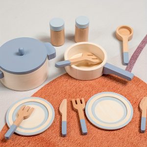 Cucinino Kids Wooden Play Kitchen Cookware Set - Pretend Play Cooking and Serving Toys for Toddlers - Blue Pot & Pan with Lids, Plates, Utensils, Salt and Pepper Shakers - Ages 3-6 Years