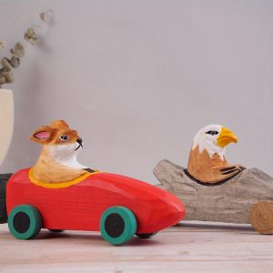 1pc Wood Cartoon Car Solid Wood Carving And Painting Decoration, Wooden Crafts, Creative Animal Driving Cute Creative Cartoon New Year Christmas Gifts