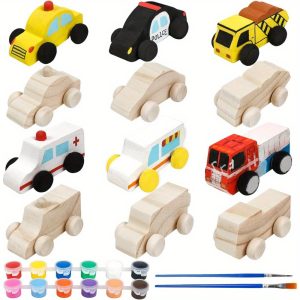 12 PCS DIY Car Wood Crafts Painting Crafts Kit Unfinished Wooden Cars Wood Easy Woodworking Set Family Activities Arts and Crafts Kit