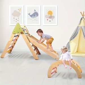 Pikler Triangle Set, Montessori 5in1 Toddler Climbing Toys Indoor Playground, Wooden Foldable Climbing Toys For Toddlers 1-3 Inside, 3 Piece Baby Climbing Gym Indoor Playground Includes A Triangle Climber, A Ramp, And An Arch