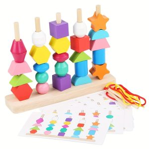 Children's Shape Matching Five Sets Of Columns, Beaded Color Sensory Teaching Aids, Space Thinking Training  Geometric Shape Building Blocks Beaded Toys