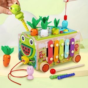 Wooden Frog Farm Trailer, Cute Multifunction Intelligence Car, Hand Eye Coordination Fine Motor Skill, Preschool Educational Toy for Girls Boys Birthday