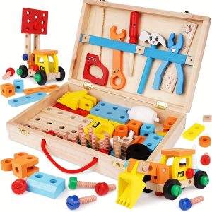 Wooden Kids Tool Set, Tool Kit For Kid With Wooden Tool Box, Educational DIY Construction STEM Toy, Preschool Learning Toy Gifts For Toddlers Boys Girls Age 3 4 5 And Up (47 Pieces)