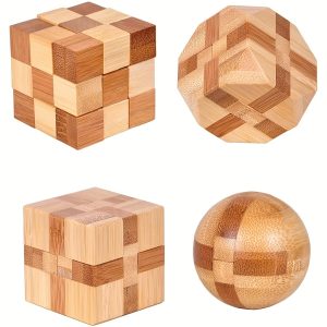 4pcs 4-Piece Wooden Logic Puzzles: 3D Brain Teaser Games for Teens & Adults - Wooden Snake Cube Magic Cube Brain Teaser