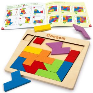 Coogam Wooden Puzzle Blocks Geometric Tangram Brain Teasers Jigsaw 3D Logic IQ Game Colorful Shape Pattern STEM Educational Toys Gift 60 Challenges For All Age