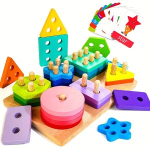 Wooden Stack & Sort Board, 24pcs Geometric Blocks Chunky Puzzles with Word Cards Educational Toys for Boys Girls Toddler Preschooler Age 1 2 3 4 5 6, As Halloween, Chrismas Gift