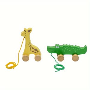 Wooden Pull-Along Toy Animals Set for Toddlers, Giraffe and Crocodile Push & Pull Walking Playset, Early Learning Education for Ages 0-3 Years