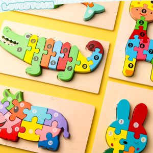 AMOR PRESENT6 Sets Of Wooden Puzzles For Kids, Toddler Number Puzzles Cute Animal Wooden Puzzles Wooden Building Blocks For Kid Preschool Ideal Gift